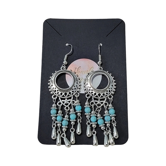 Turquoise Silver Tone Boho Earrings - Picture 3 of 3